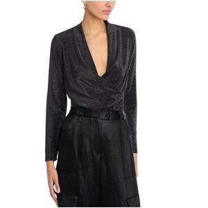 Status by Chenault Womens Long Sleeve Metallic Crossover Top Black Small